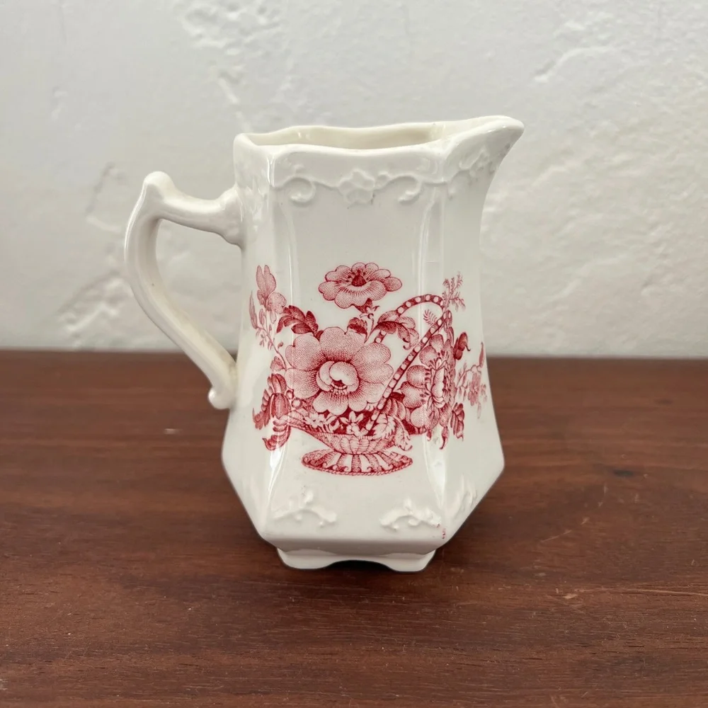 Crown Devon red white floral creamer pitcher jug Staffordshire English China